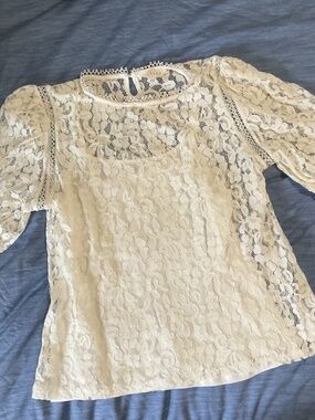 Adiva Womens Sheer Cream Off White Floral Lace Short Sleeve Shirt size Large
